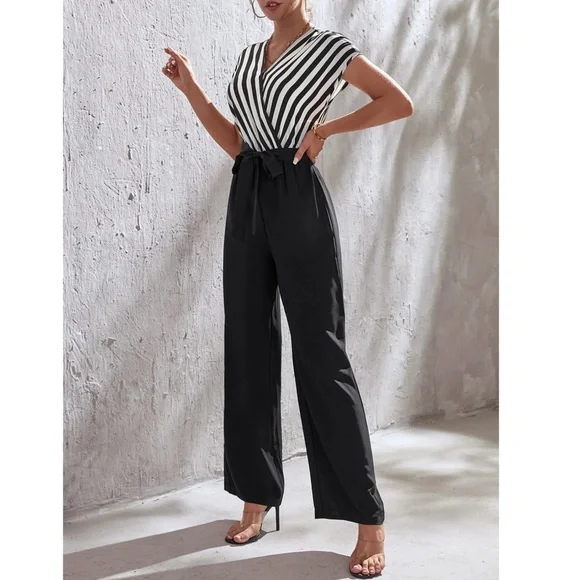 Striped Top V-Neck Surplice Short Sleeve White Black Wide Leg Jumpsuit - Picture 12 of 14